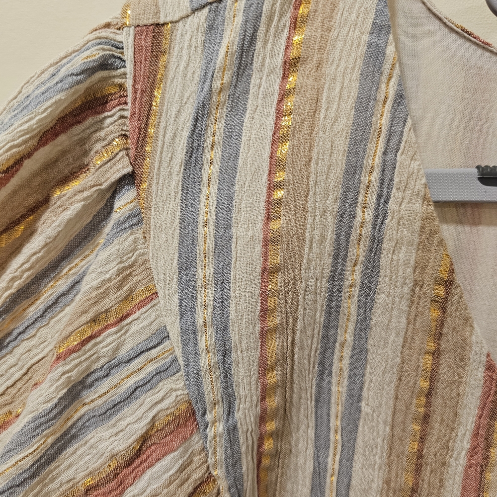 Garnet Hill Lola Shimmering Organic-Cotton Dress in a cream-striped colorway; L - Picture 6 of 8
